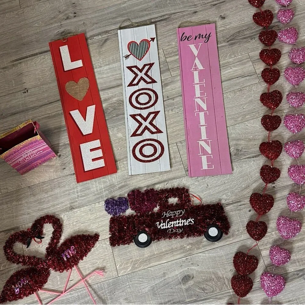 8 Valentine’s Day decor bundle signs garland hearts sparkly love flamingo box